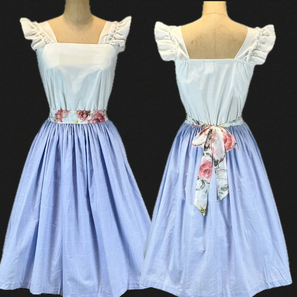 VINTAGE 80s lavender garden party dress‎ eyelet lace ruffle fit flare sleeveless - Picture 9 of 14